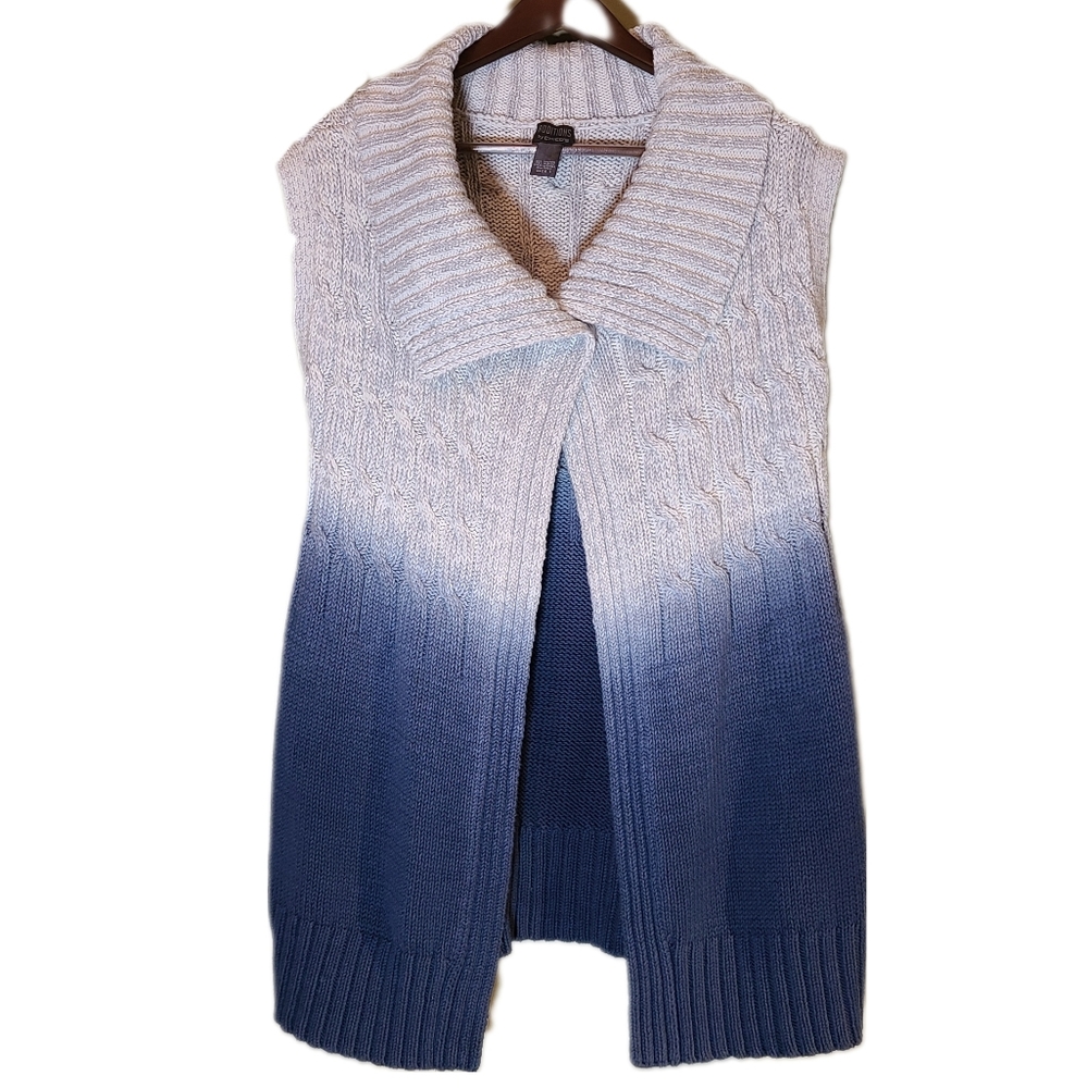 Chico’s Additions Cream Blue Gray Shawl Collar Long Sweater Vest Size 1 or Small
